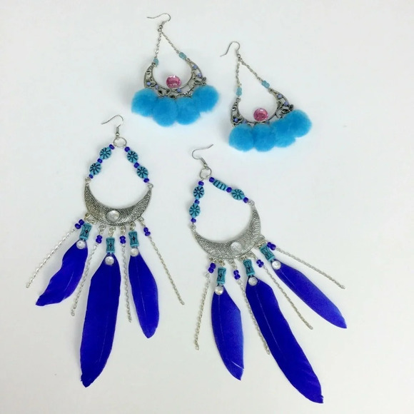 OOAK Artsy Wild Boho Statement Earrings Dangle Feathers Poms Handmade - Picture 2 of 5